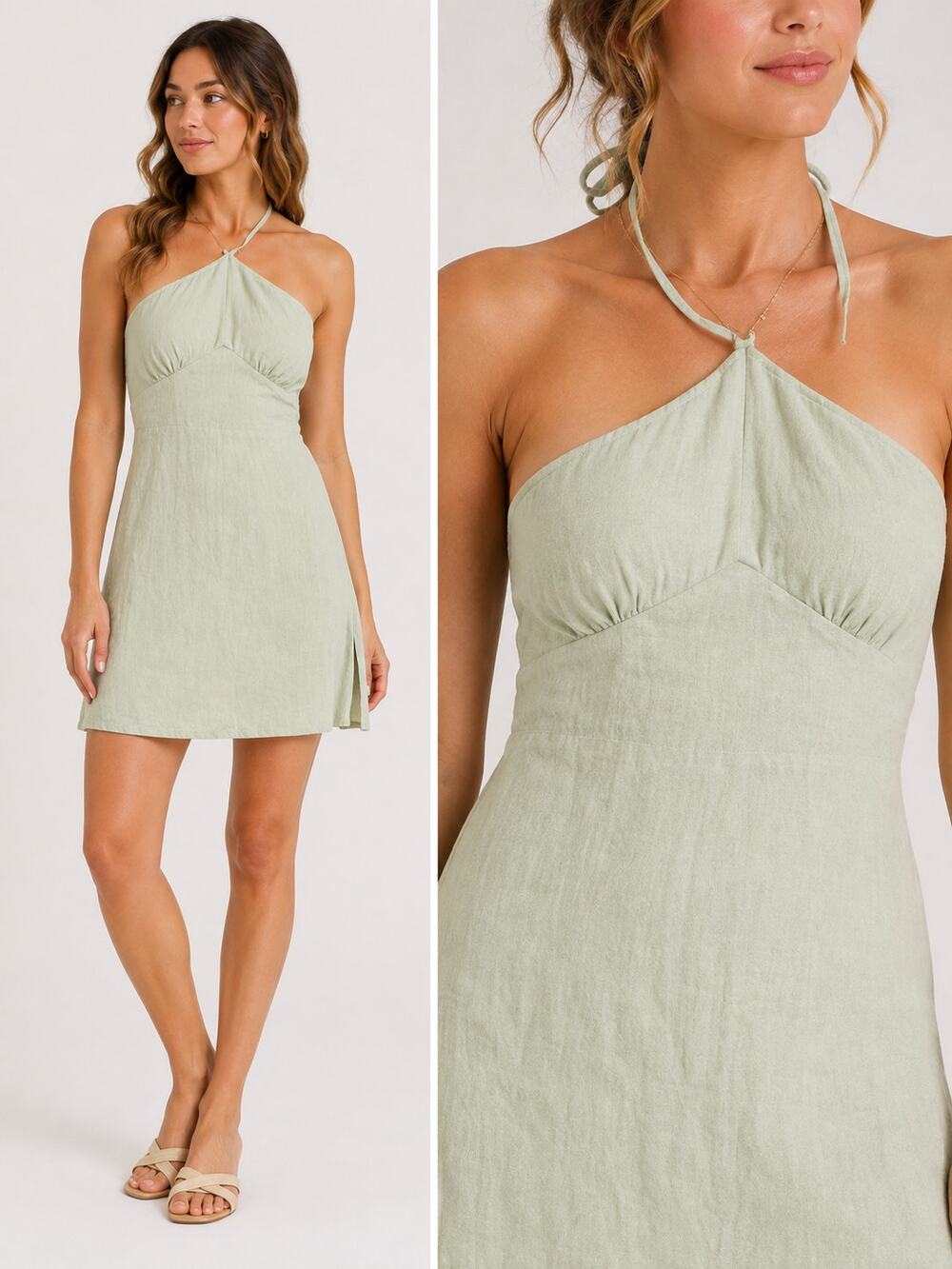 Altar'd State Halter Dress Womens Small Sage Mint Green Linen Blend Mini Skirt